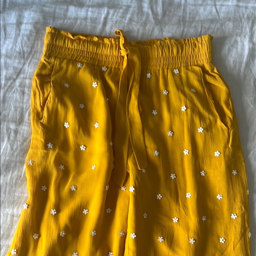 Yellow Floral Embroidered Pants